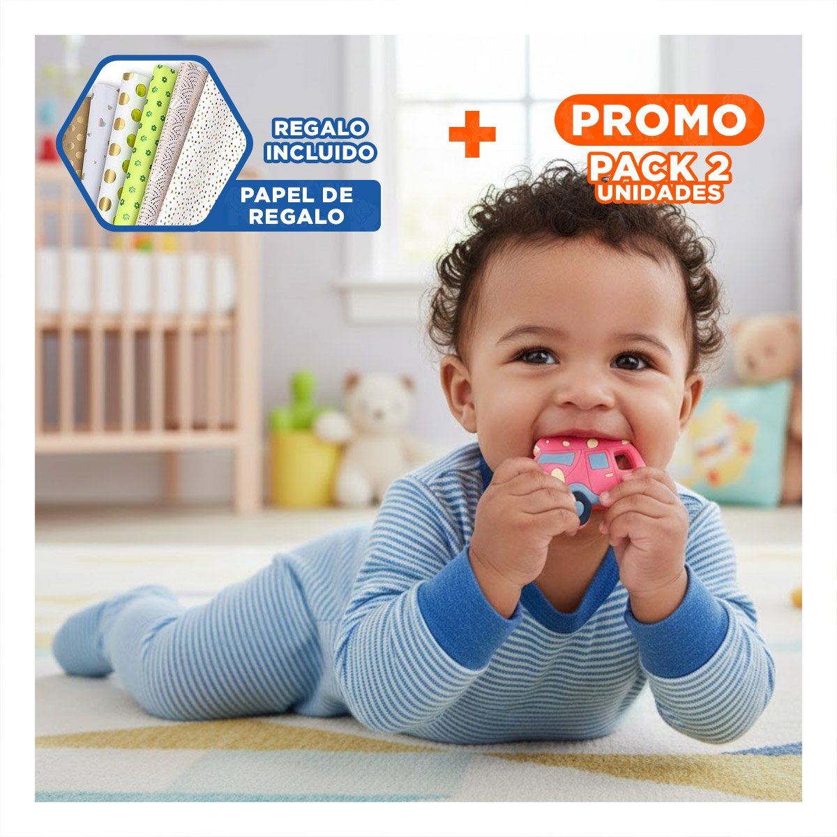 PACK2 ANILLO DE DENTICION EN SILICONA CON FORMA DE CARRO ROJO Y+PAPEL REGALO - 1