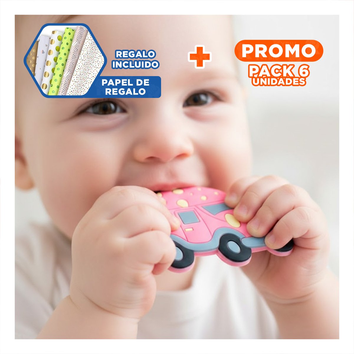 PACK6 PRODUCTO MASTICABLE INFANTIL EN SILICONA DISEÑO CARRO ROSADO Y+PAPEL REGALO - 1