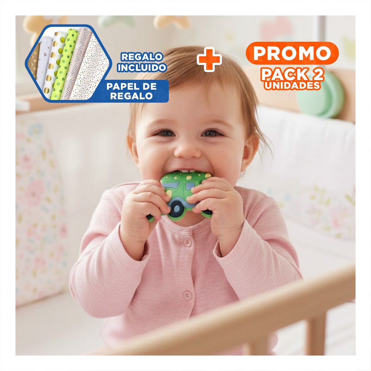 PACK2 ANILLO MASTICABLE INFANTIL EN SILICONA CON PUNTOS VERDE Y+PAPEL REGALO - 1