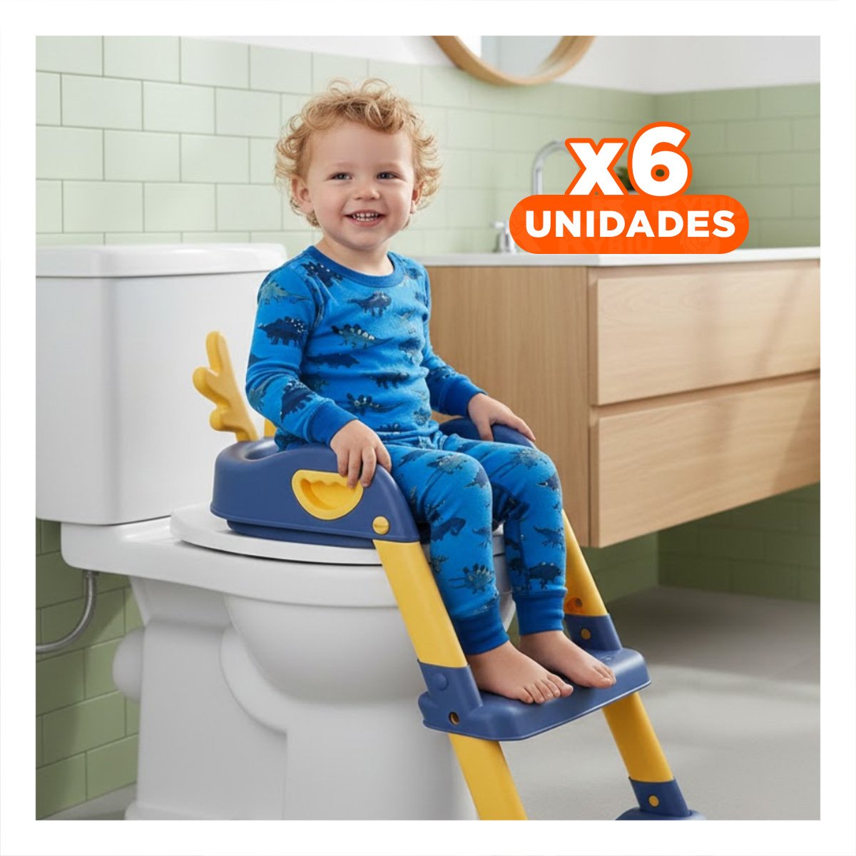 PACK6 BANCO ENTRENADOR DE BANO CON ESCALERA AZUL Y AMARILLO OREJITAS Y+REGALO STICKER - 1