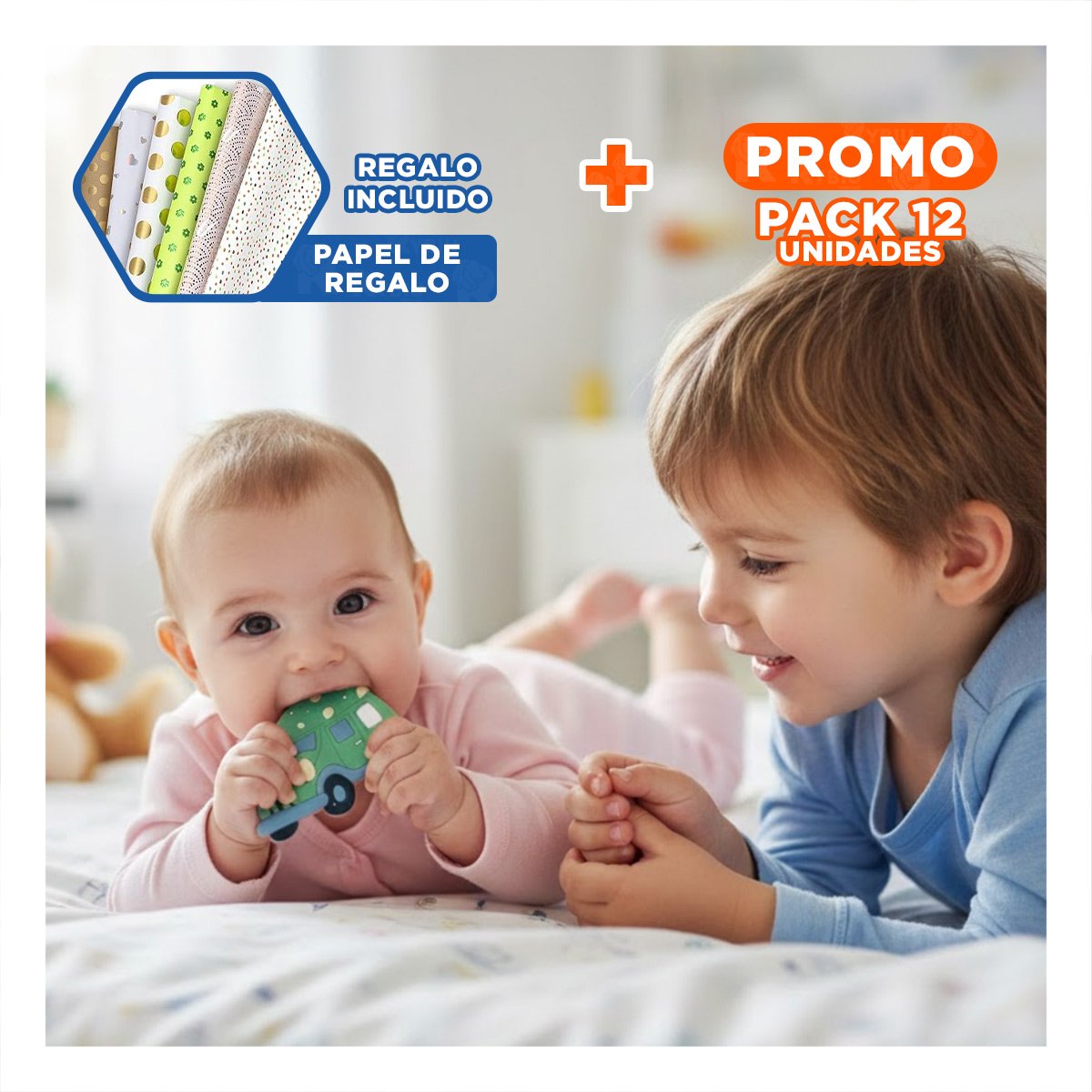 PACK12 SOLUCION MASTICABLE PARA BEBE EN SILICONA CON PUNTOS VERDE Y+PAPEL REGALO - 1