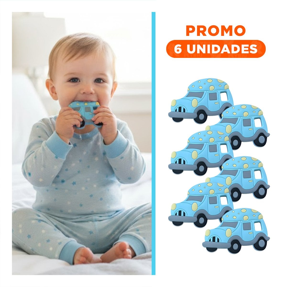 PACK6 ANILLO SENSORIAL PARA BEBE EN SILICONA DISEÑO CARRO CELESTE - 1