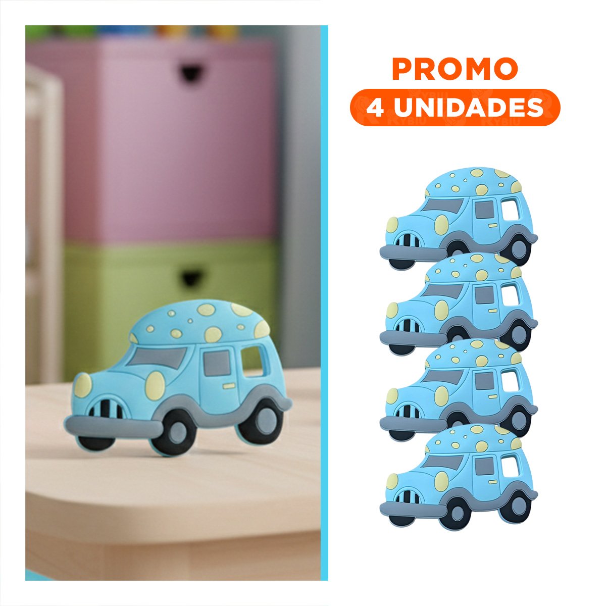 PACK4 FIGURA MASTICABLE DE SILICONA CON PUNTOS CARRO CELESTE Y+REGALO STICKER - 1