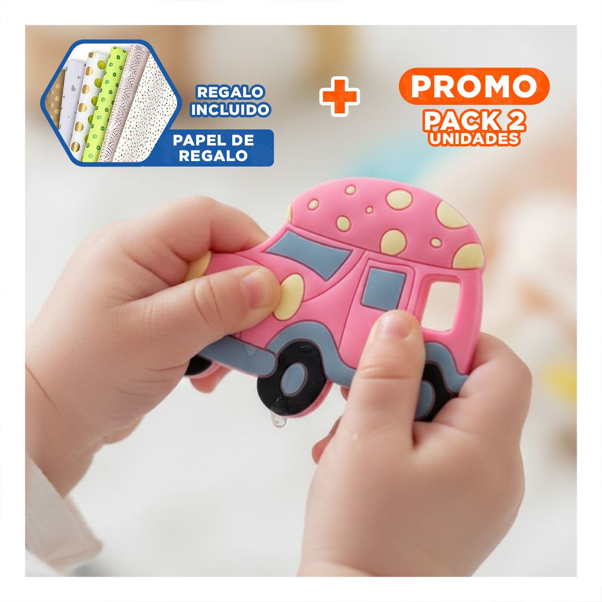 PACK2 PIEZA DE DENTICION PARA BEBE EN SILICONA CARRO ROSADO Y+PAPEL REGALO - 1