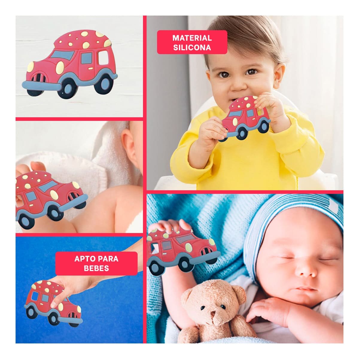 JUGUETE SENSORIAL PARA BEBE EN SILICONA DISEÑO CARRO ROJO Y+POST IT - 1