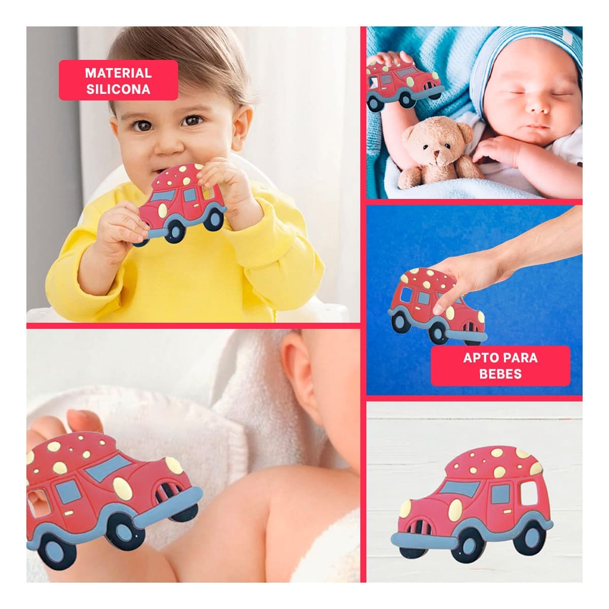 JUGUETE SENSORIAL PARA BEBE EN SILICONA DISEÑO CARRO ROJO Y+POST IT - 5