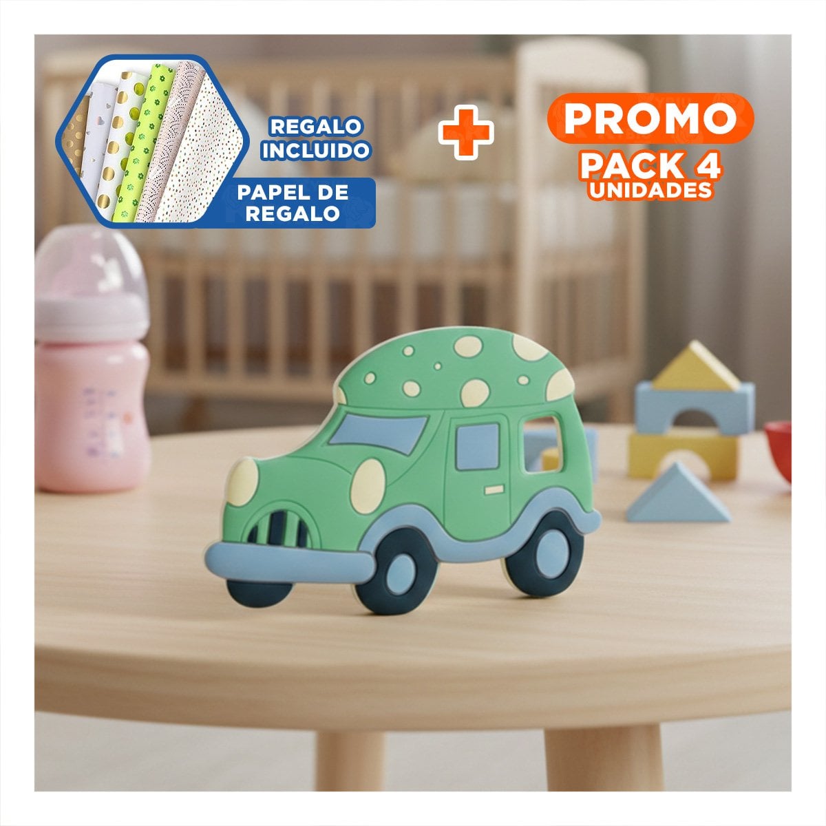 PACK4 ARTICULO DE DENTICION INFANTIL EN SILICONA CON PUNTOS VERDE Y+PAPEL REGALO - 1