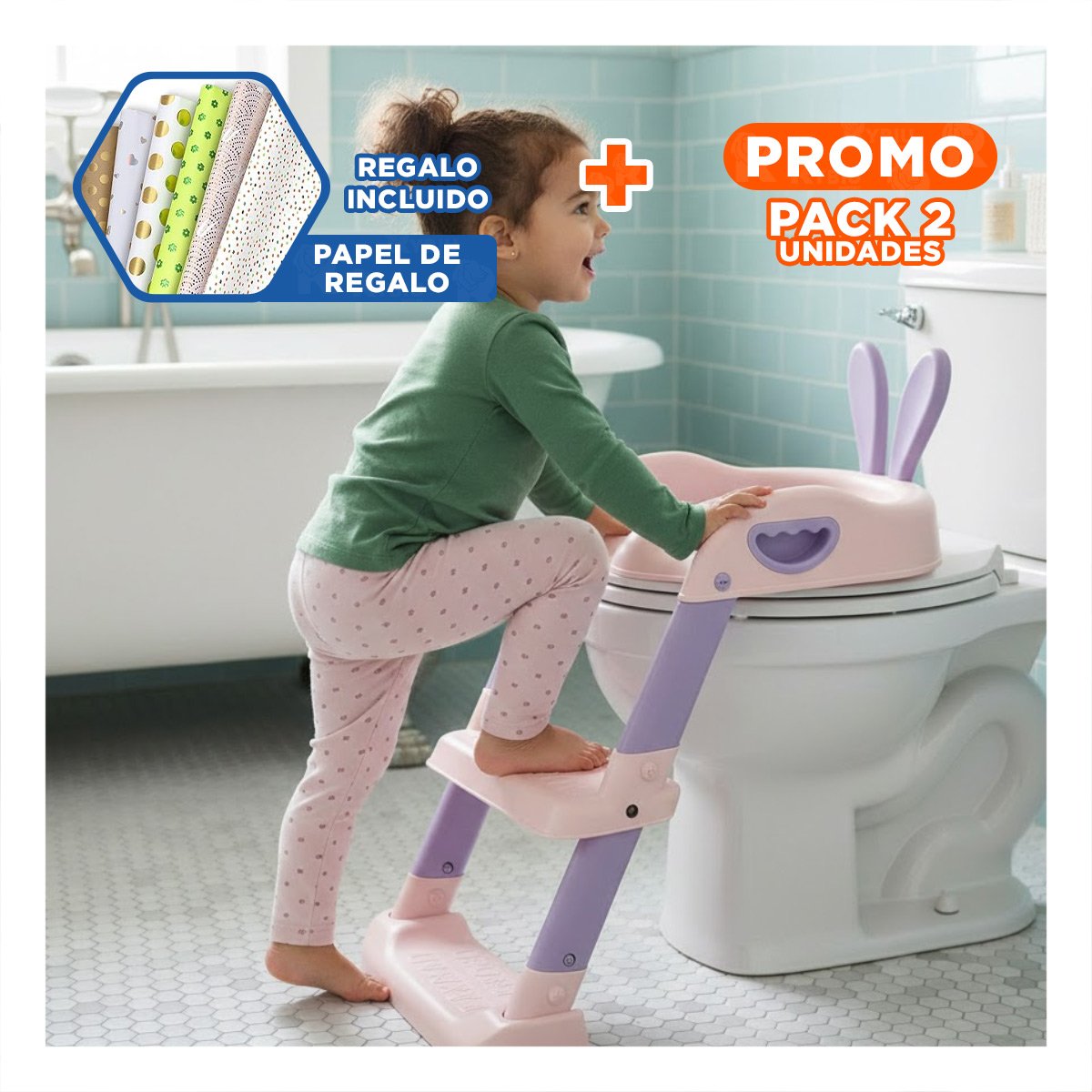 PACK2 ESCALON DE INODORO INFANTIL CON ASIENTO ROSADO Y LILA OREJITAS Y+PAPEL REGALO - 1
