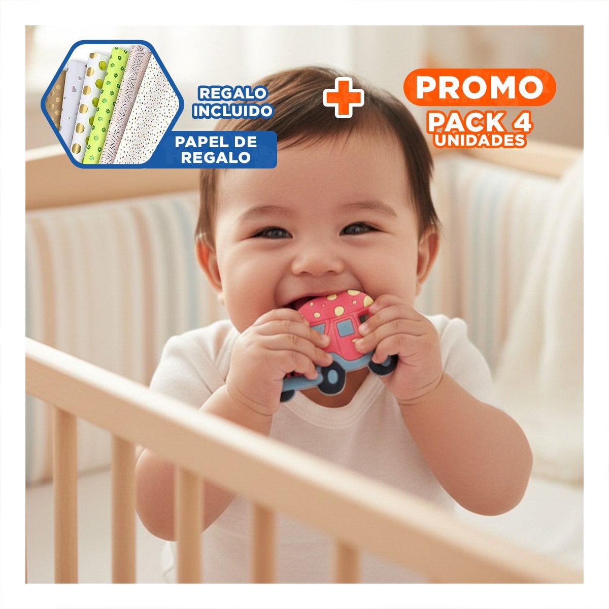 PACK4 DISPOSITIVO DE DENTICION INFANTIL EN SILICONA CARRO ROJO Y+PAPEL REGALO - 1
