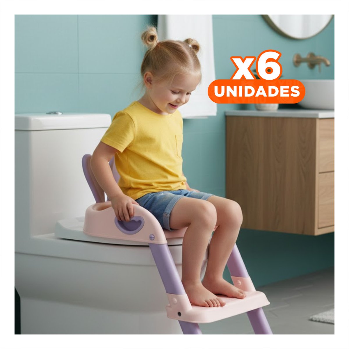 PACK6 BANCO ENTRENADOR DE BANO CON ESCALERA ROSADO Y LILA OREJITAS Y+REGALO STICKER - 1