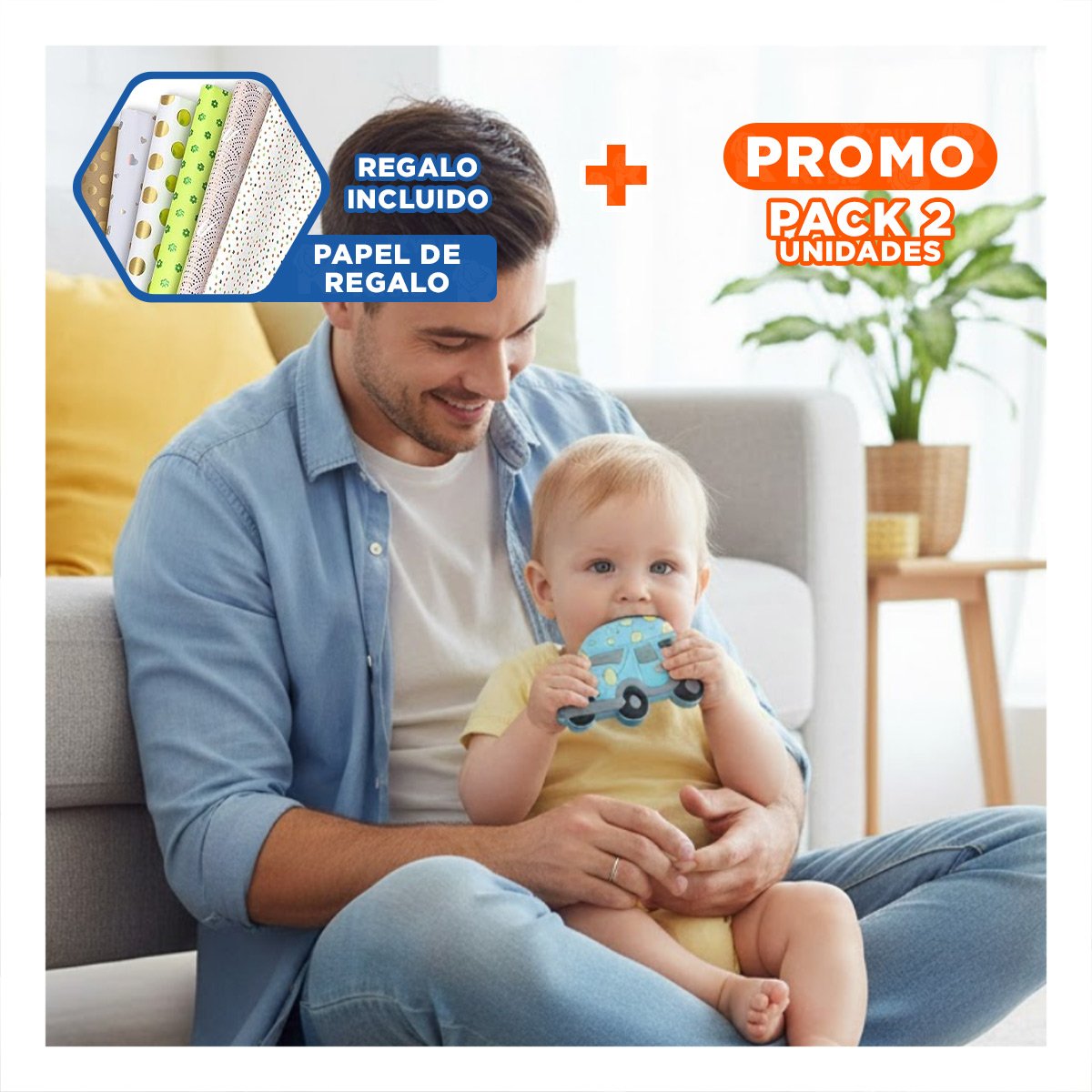 PACK2 HERRAMIENTA DE DENTICION EN SILICONA CON FORMA DE CARRO CELESTE Y+PAPEL REGALO - 1