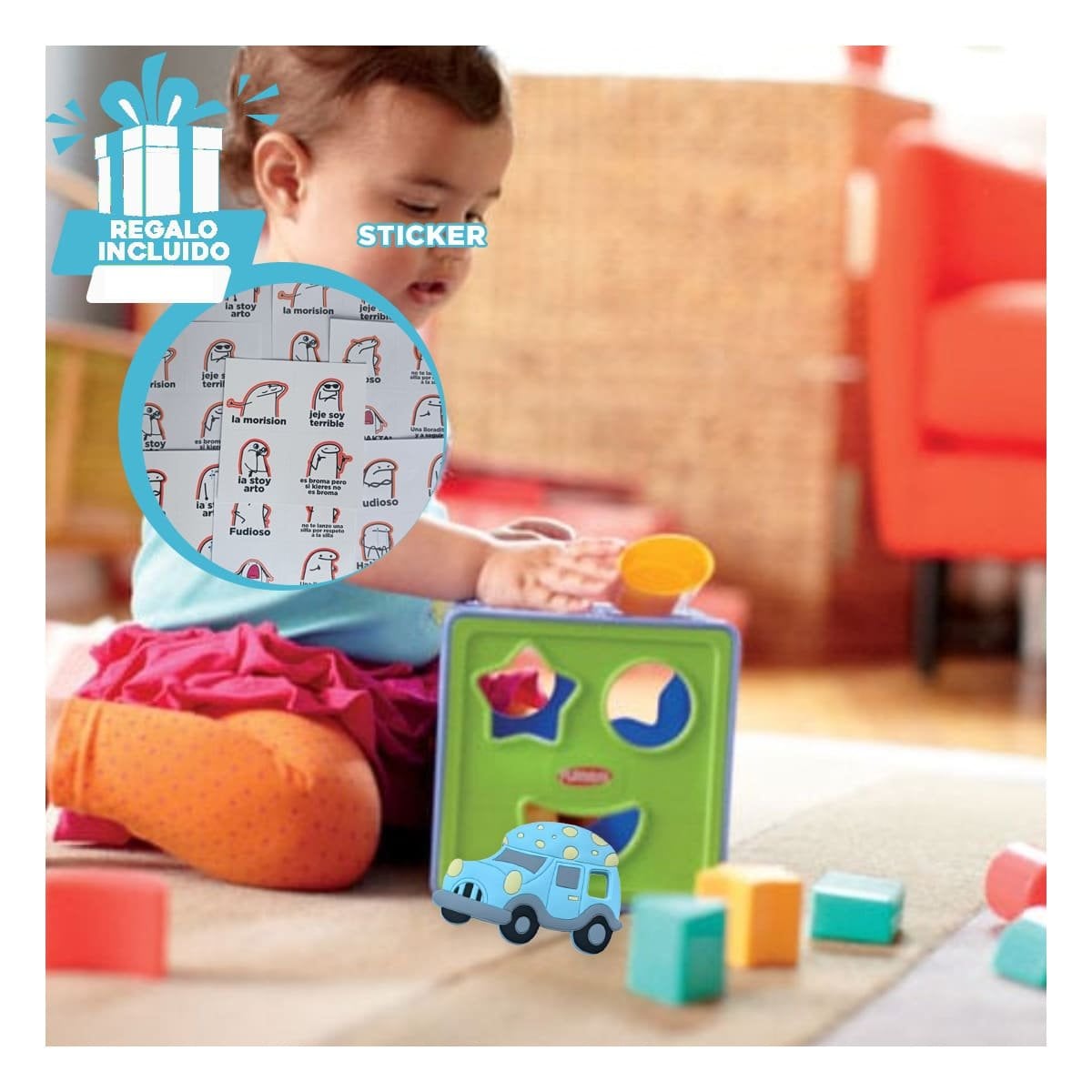 JUGUETE SENSORIAL DE SILICONA CON DISEÑO DE CARRO CELESTE Y+REGALO STICKER - 1