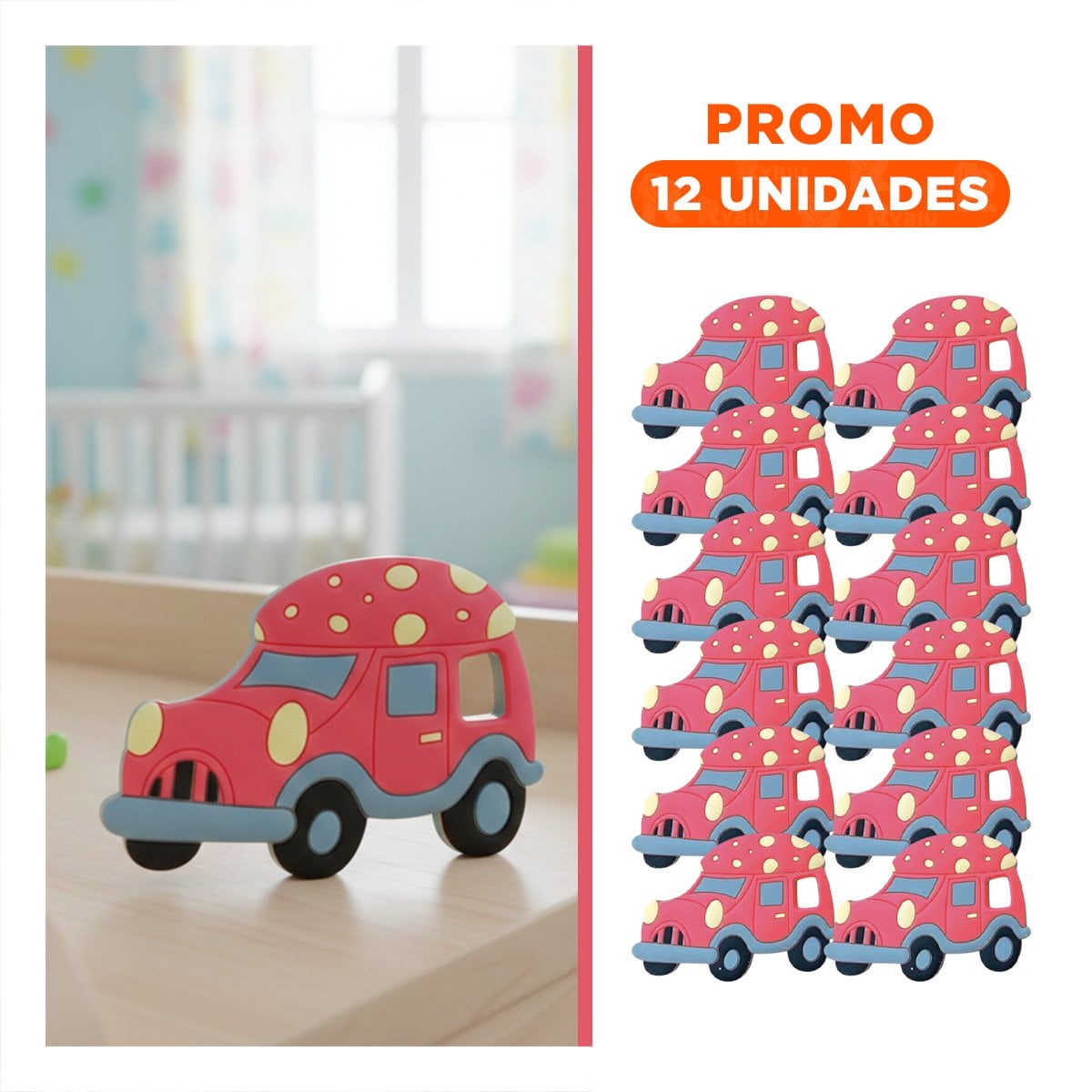 PACK12 ARTICULO MASTICABLE PARA BEBE EN SILICONA DISEÑO CARRO ROJO Y+REGALO STICKER - 1