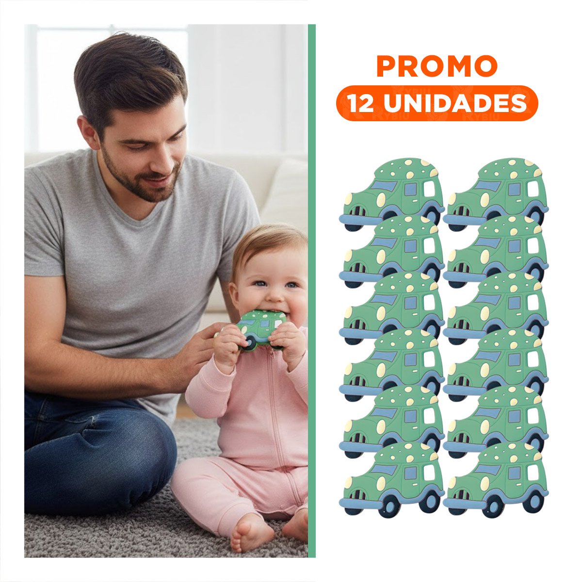 PACK12 ACCESORIO INFANTIL DE DENTICION EN SILICONA CARRO VERDE Y+REGALO STICKER - 1