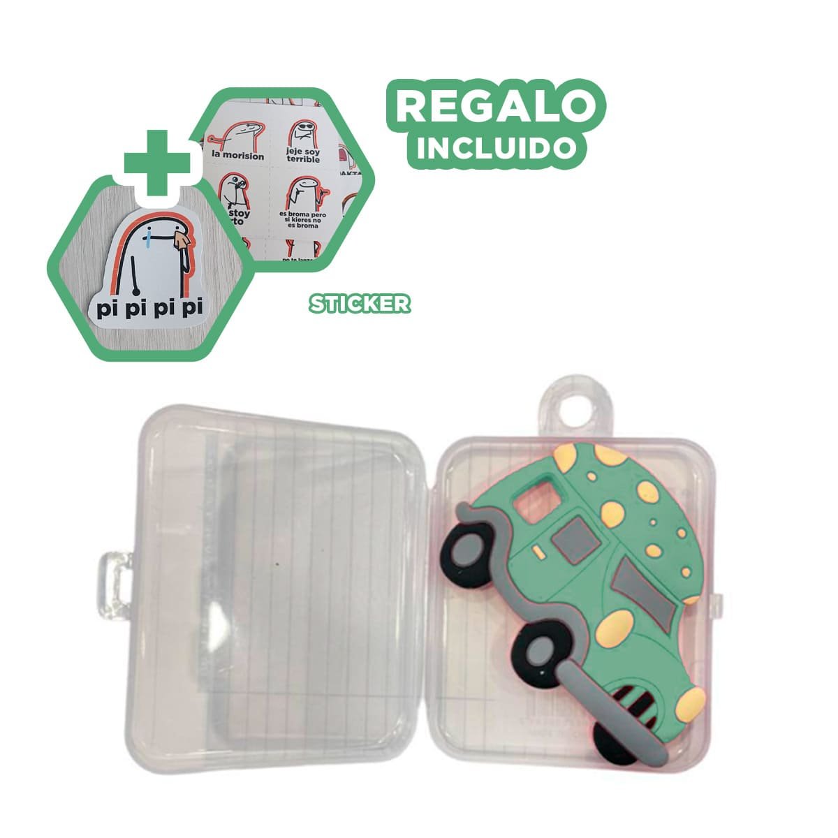 SOLUCION DE DENTICION PARA BEBE EN SILICONA CARRO VERDE Y+REGALO STICKER - 1