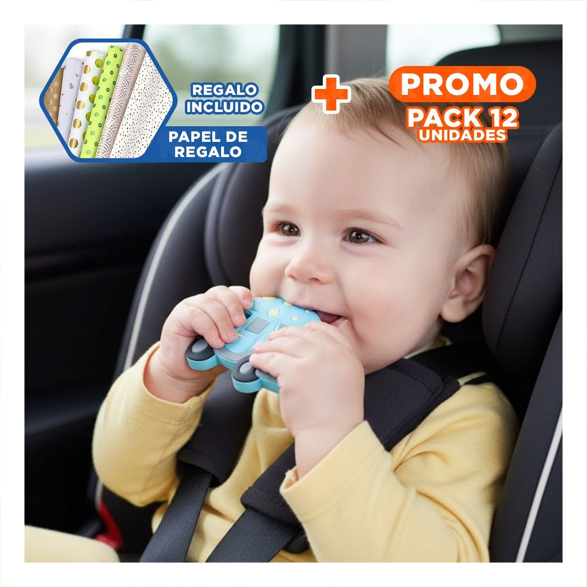 PACK12 OBJETO SENSORIAL CON PUNTOS EN SILICONA CARRO CELESTE Y+PAPEL REGALO - 1