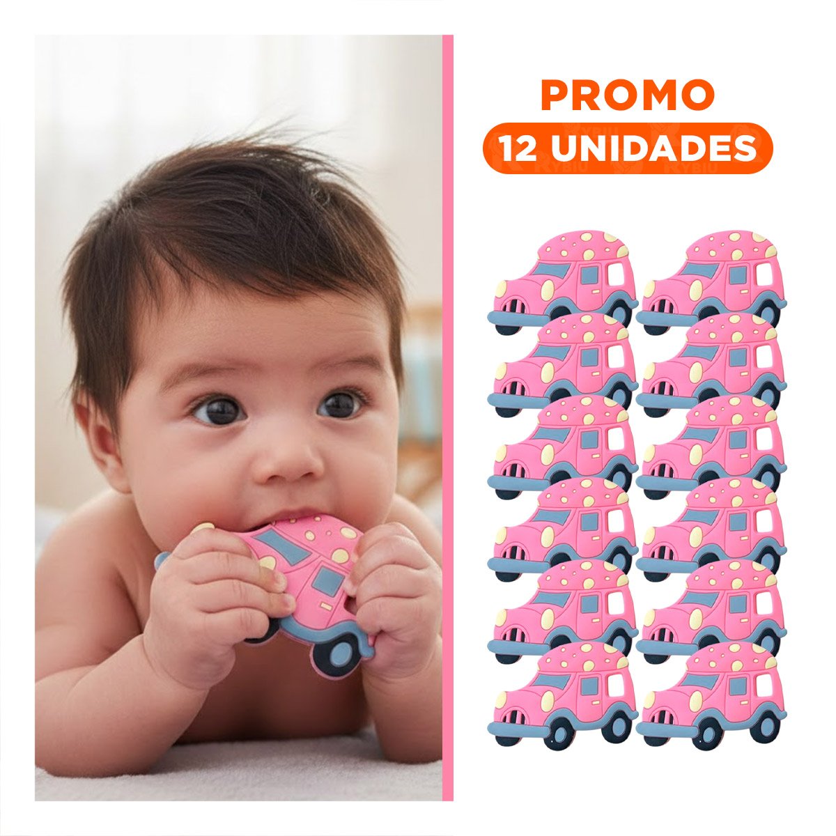 PACK12 JUGUETE DE SILICONA CON FORMA DE CARRO Y PUNTOS ROSADO Y+REGALO STICKER - 1