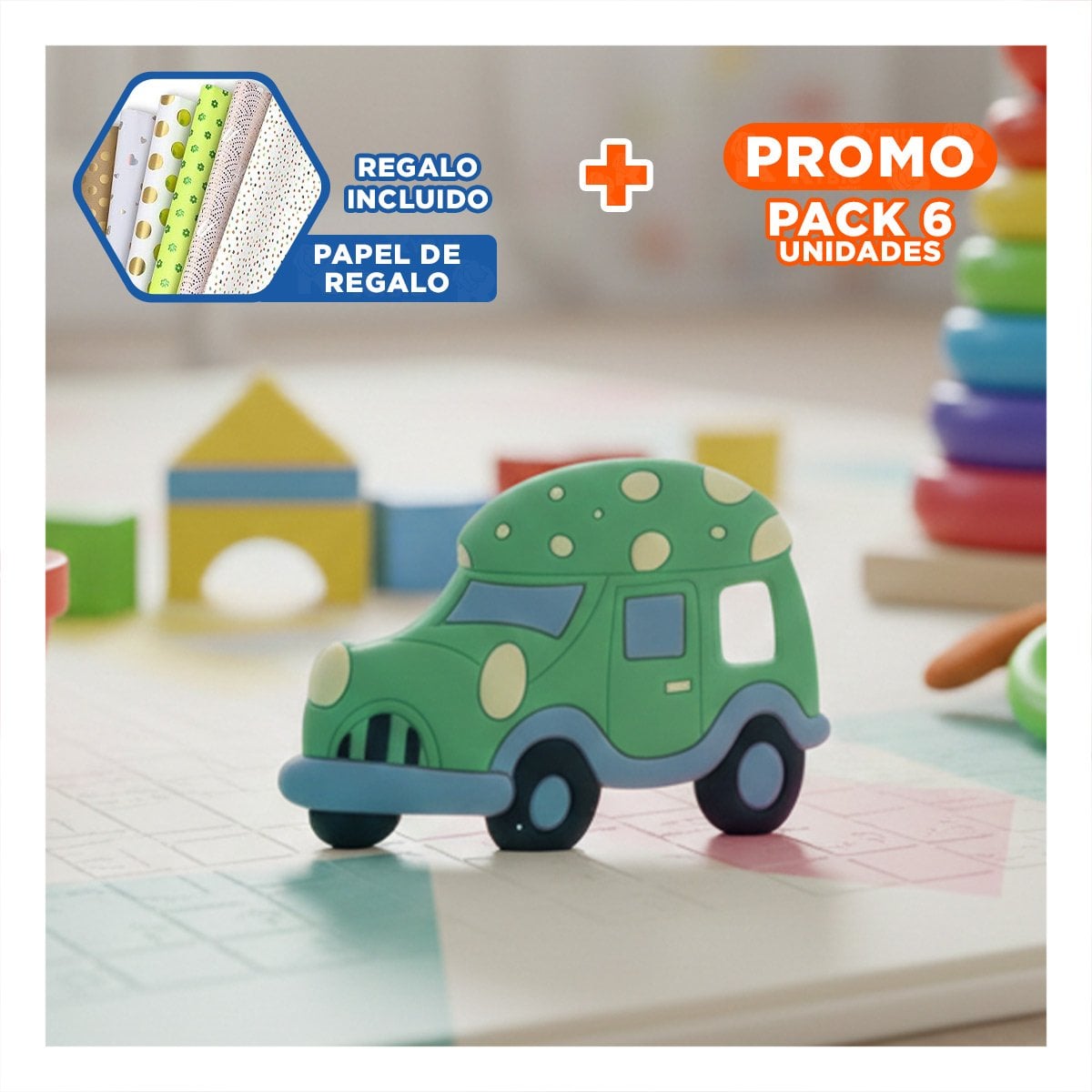 PACK6 ELEMENTO SENSORIAL PARA BEBE EN SILICONA CON PUNTOS VERDE Y+PAPEL REGALO - 1