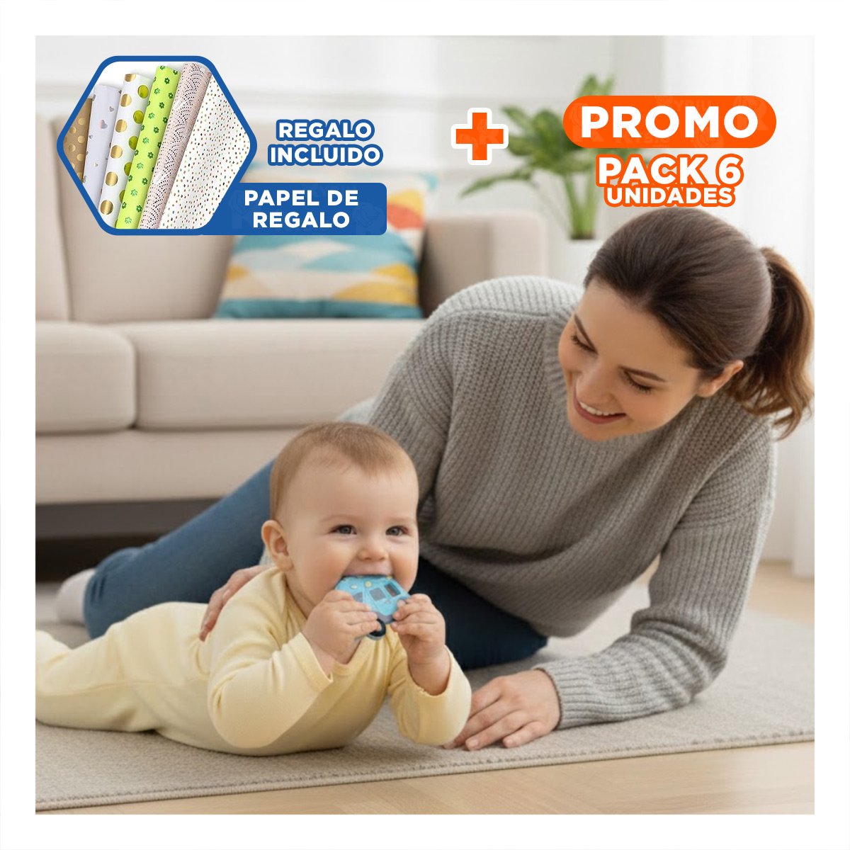 PACK6 PIEZA MASTICABLE DE SILICONA CON FORMA DE CARRO CELESTE Y+PAPEL REGALO - 1
