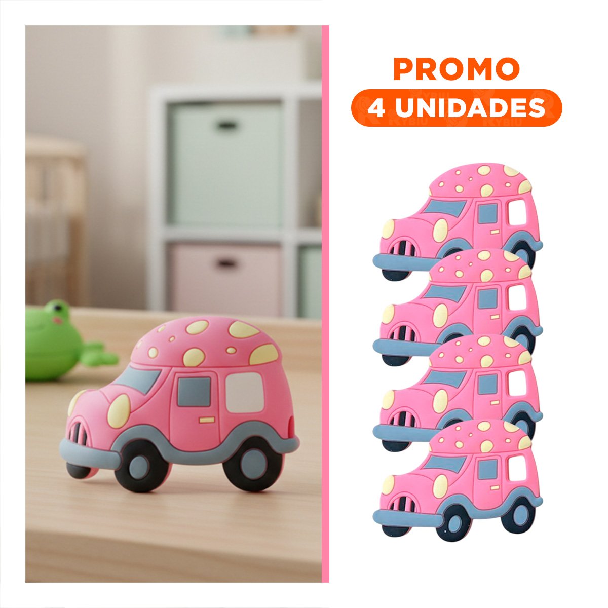 PACK4 RECURSO DE DENTICION CON DISEÑO DE CARRO EN SILICONA ROSADO Y+REGALO STICKER - 1