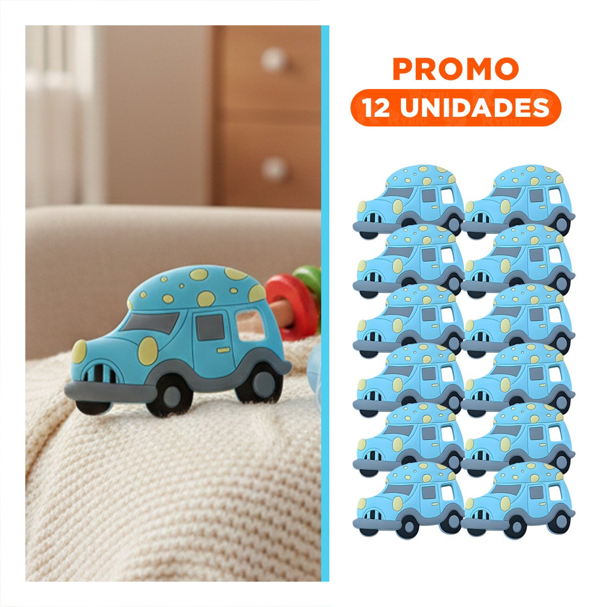 PACK12 RECURSO DE DENTICION CON FORMA DE CARRO EN SILICONA CELESTE Y+REGALO STICKER - 1