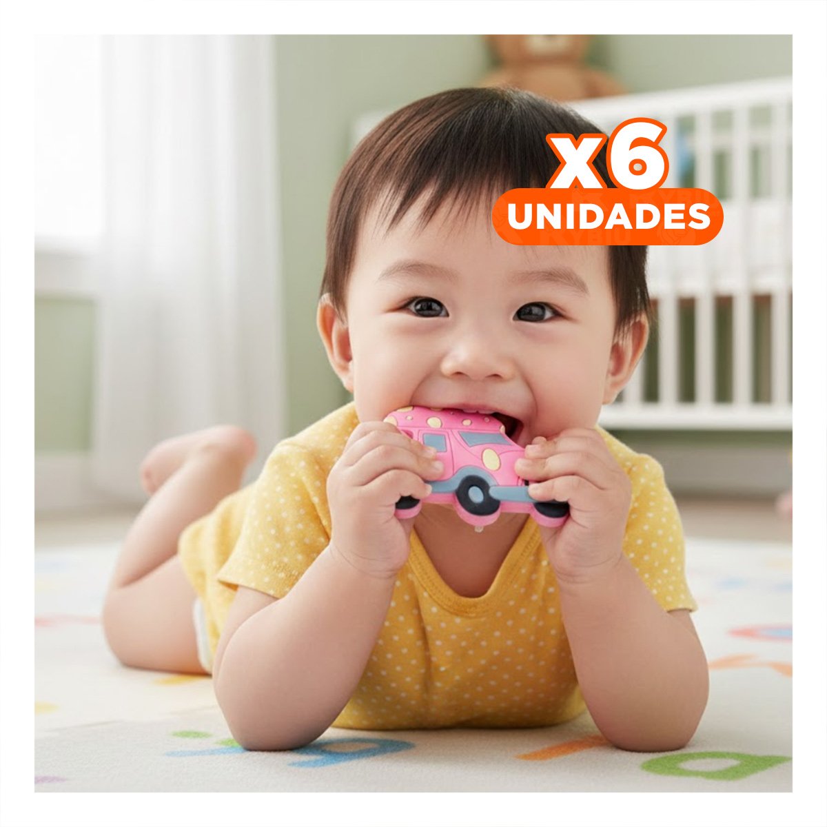 PACK6 HERRAMIENTA DE DENTICION SENSORIAL EN SILICONA CARRO ROSADO Y+REGALO STICKER - 1
