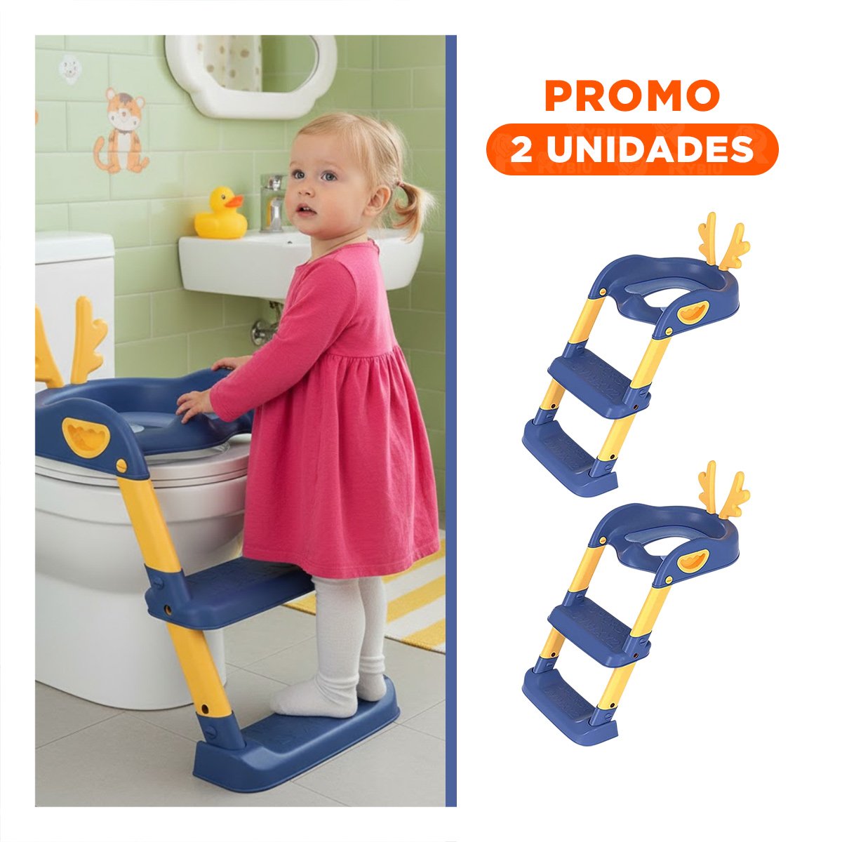 PACK2 ASIENTO DE INODORO CON ESCALERA AZUL Y AMARILLO OREJITAS - 1