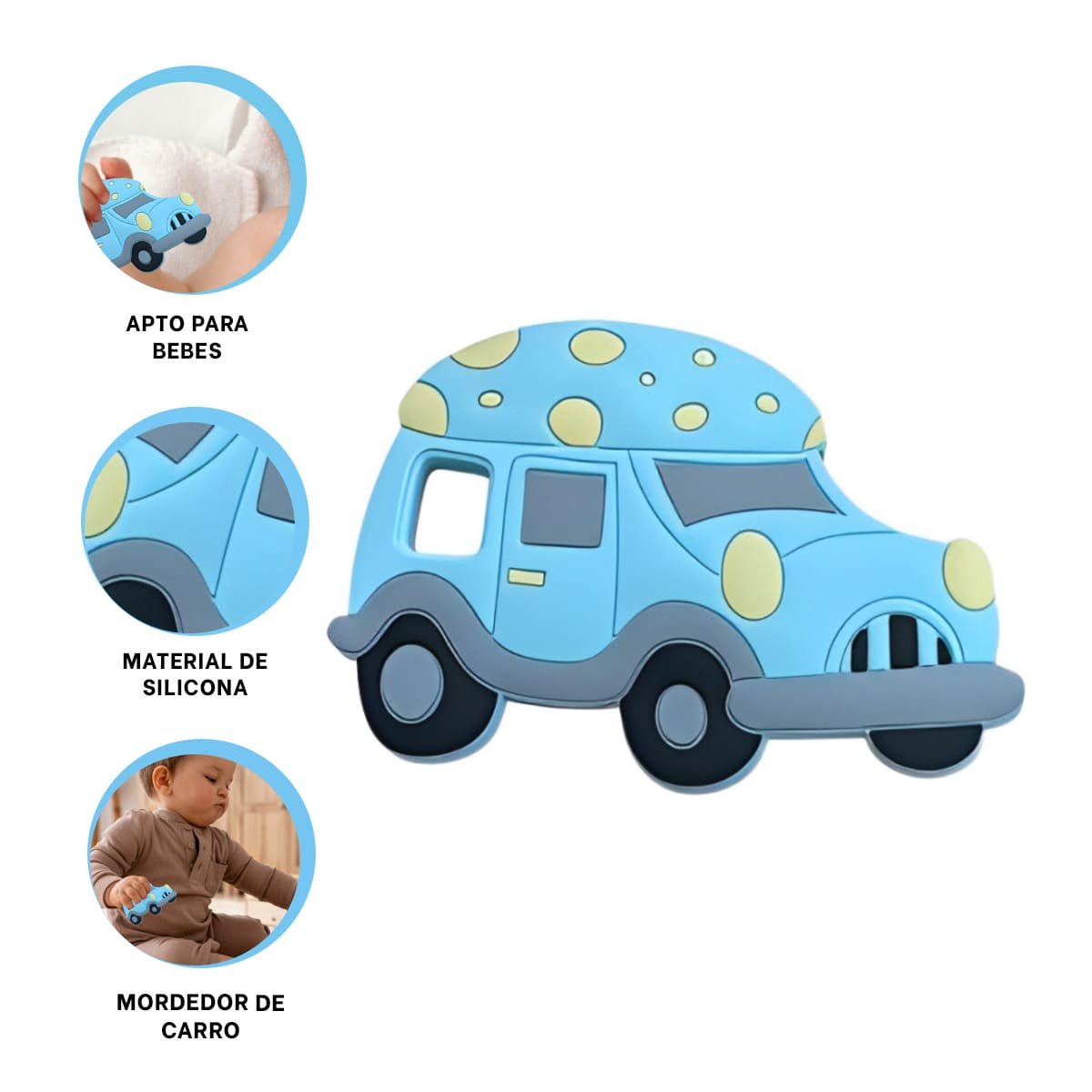 DENTICION SENSORIAL DE SILICONA CON DISEÑO DE CARRO Y PUNTOS CELESTE - 3