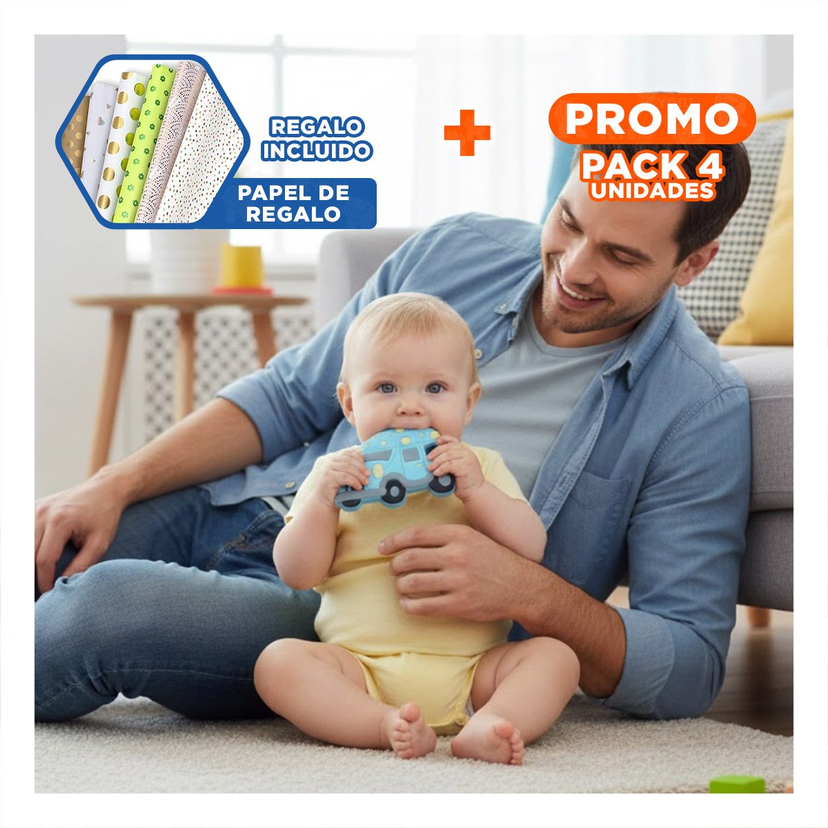 PACK4 JUGUETE MASTICABLE INFANTIL EN SILICONA CARRO CELESTE Y+PAPEL REGALO - 1