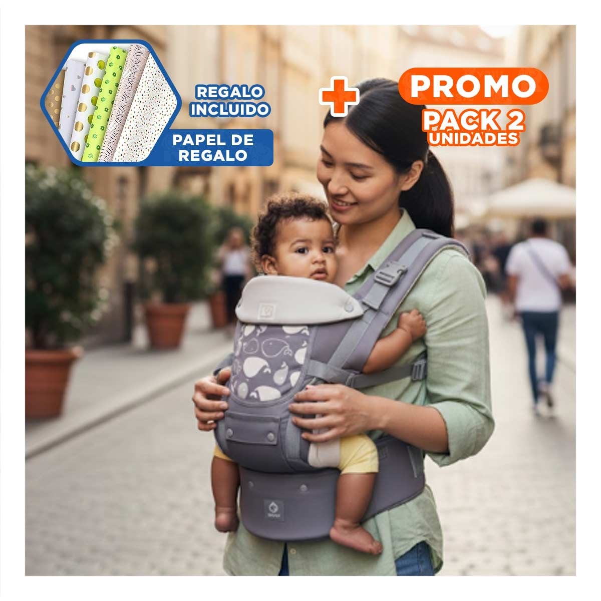 PACK2 PORTABEBE ERGONOMICO 3 EN 1 MODELO BALLENITA COLOR PLOMO Y+PAPEL REGALO - 1