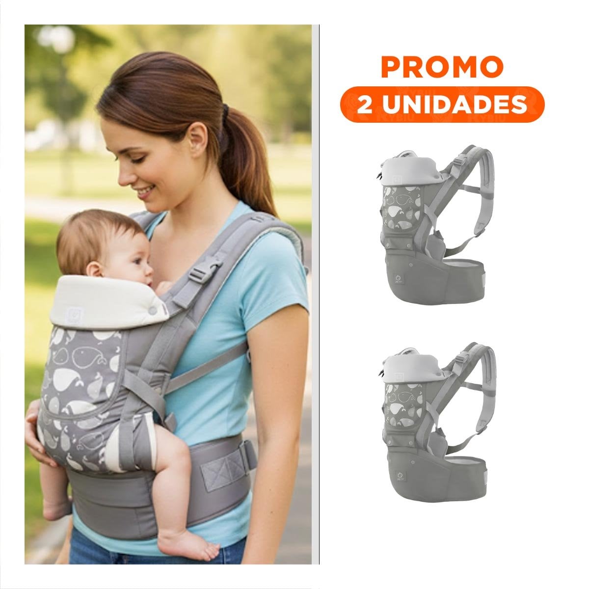 PACK2 CANGURO ERGONOMICO PARA BEBE 3 EN 1 MODELO BALLENITA PLOMO - 1