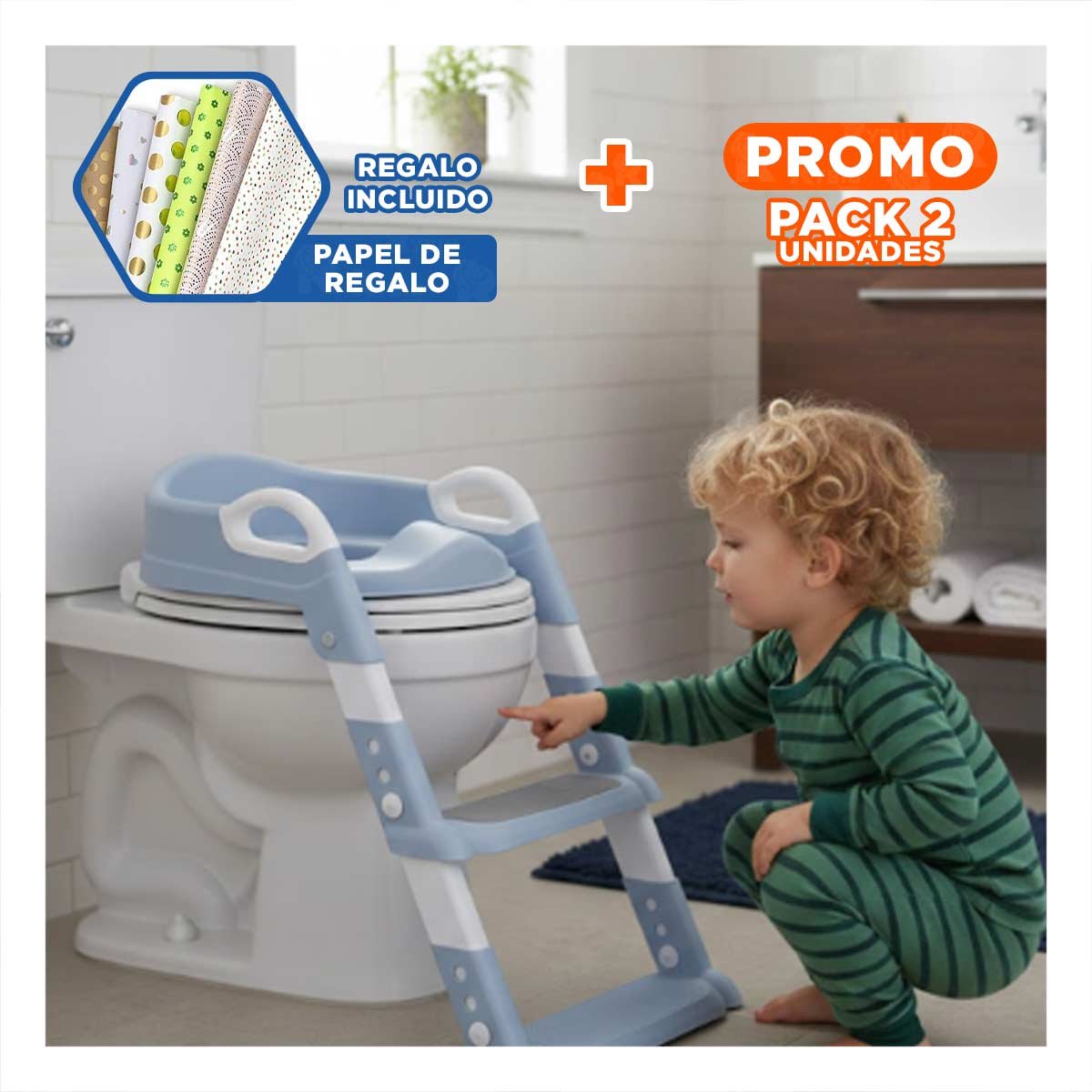 PACK2 ADAPTADOR INFANTIL DE INODORO CON ESCALERA AZUL CLARO SEGURO Y+PAPEL REGALO - 1