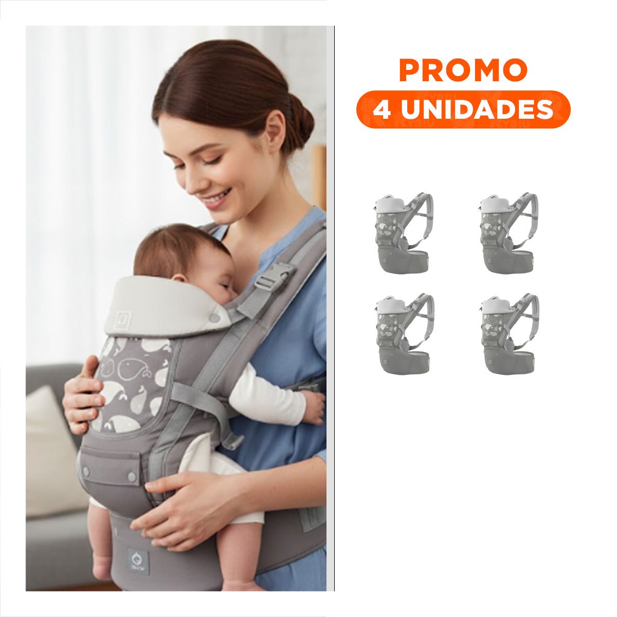 PACK4 CANGURO AJUSTABLE PARA BEBE 3 EN 1 MODELO BALLENITA PLOMO Y+REGALO STICKER - 1