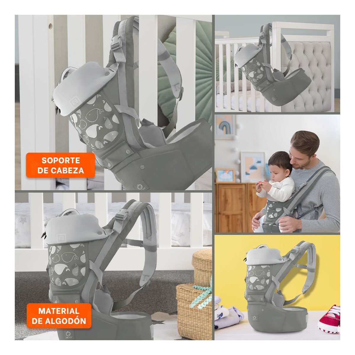 PACK4 CANGURO AJUSTABLE PARA BEBE 3 EN 1 MODELO BALLENITA PLOMO Y+REGALO STICKER - 2