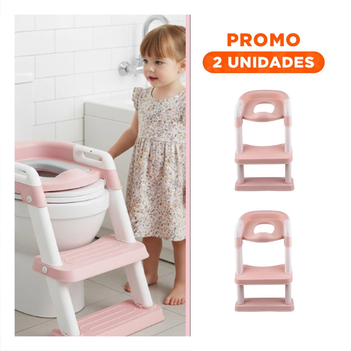 PACK2 ASIENTO INFANTIL DE INODORO CON ESCALERA ROSADO PLEGABLE Y COMODO - 1