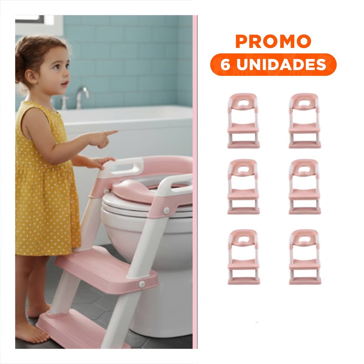 PACK6 ELEVADOR PLEGABLE DE INODORO CON ESCALERA ROSADO AJUSTABLE Y PRACTICO - 1