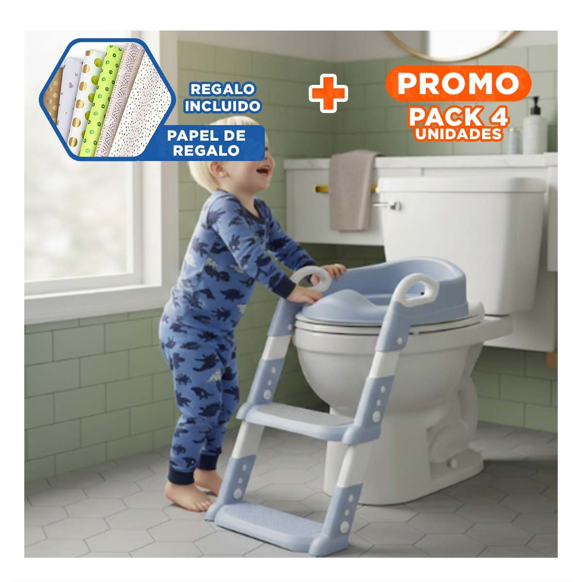 PACK4 SILLA INFANTIL DE INODORO CON ESCALERA AZUL CLARO ESTABLE Y+PAPEL REGALO - 1
