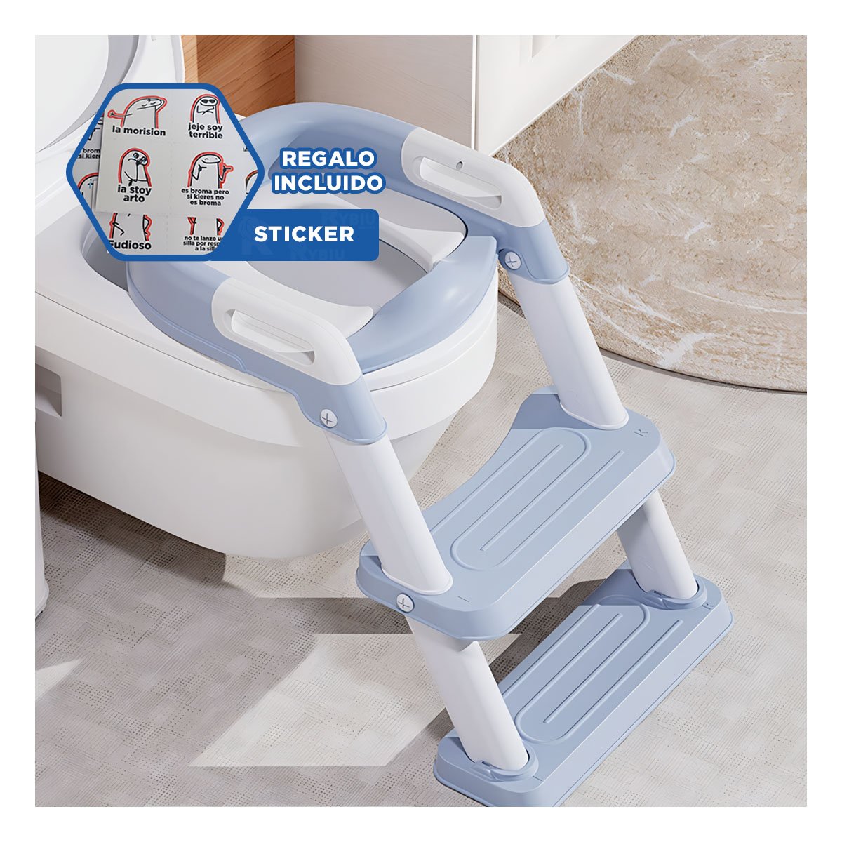 ELEVADOR ANTIDESLIZANTE DE INODORO CON ESCALERA AZUL CLARO Y+REGALO STICKER - 1
