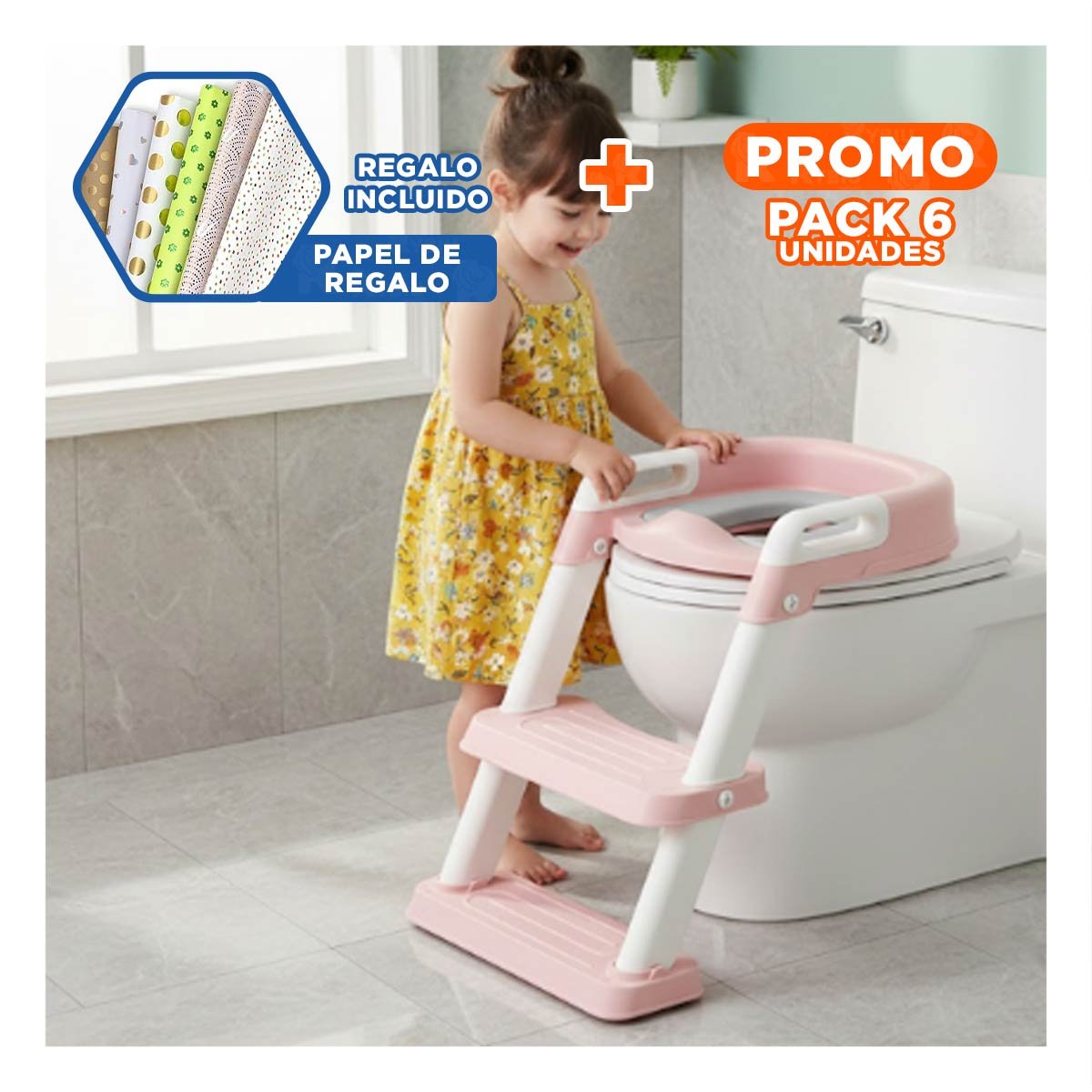 PACK6 SILLA PLEGABLE DE INODORO CON ESCALERA ROSADO ANTIDESLIZANTE Y ESTABLE Y+PAPEL REGALO - 1