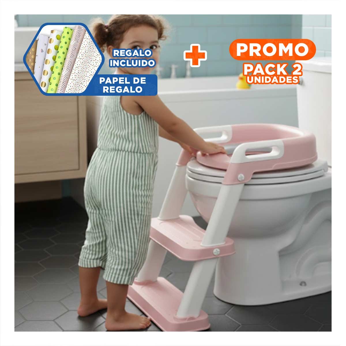 PACK2 ELEVADOR INFANTIL DE INODORO CON ESCALERA ROSADO ESTABLE Y SEGURO Y+PAPEL REGALO - 1