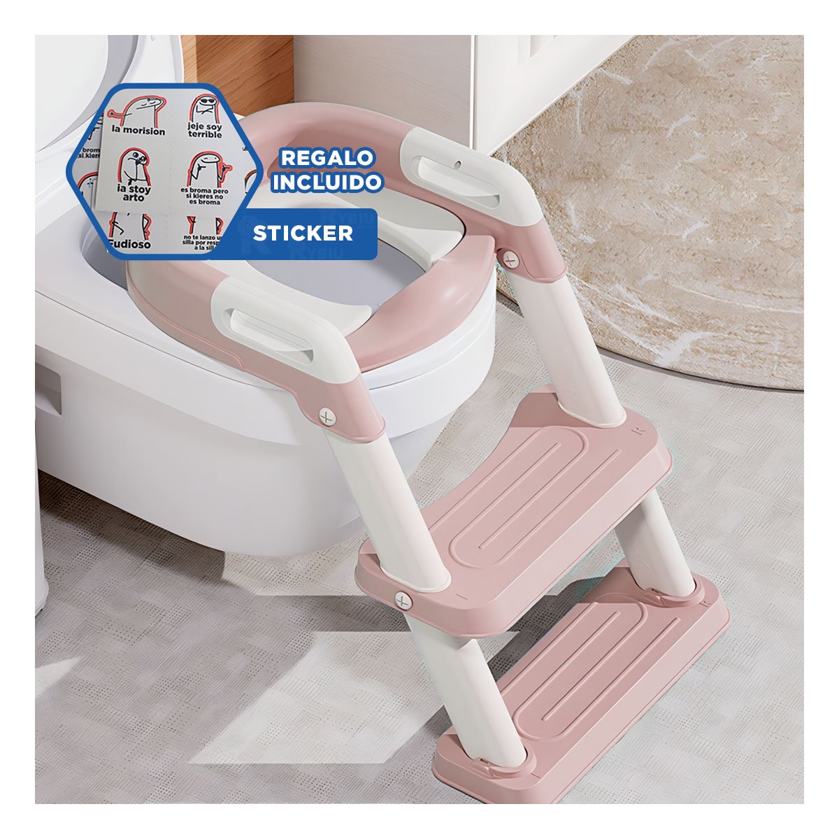 SILLA PARA BANO CON ESCALERA ROSADO AJUSTABLE Y ANTIDESLIZANTE Y+REGALO STICKER - 1