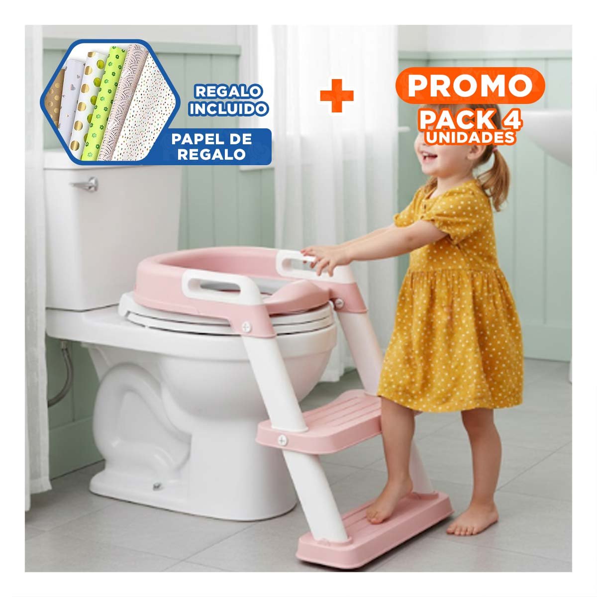 PACK4 ADAPTADOR INFANTIL DE INODORO CON ESCALERA ROSADO SEGURO Y FACIL DE USAR Y+PAPEL REGALO - 1