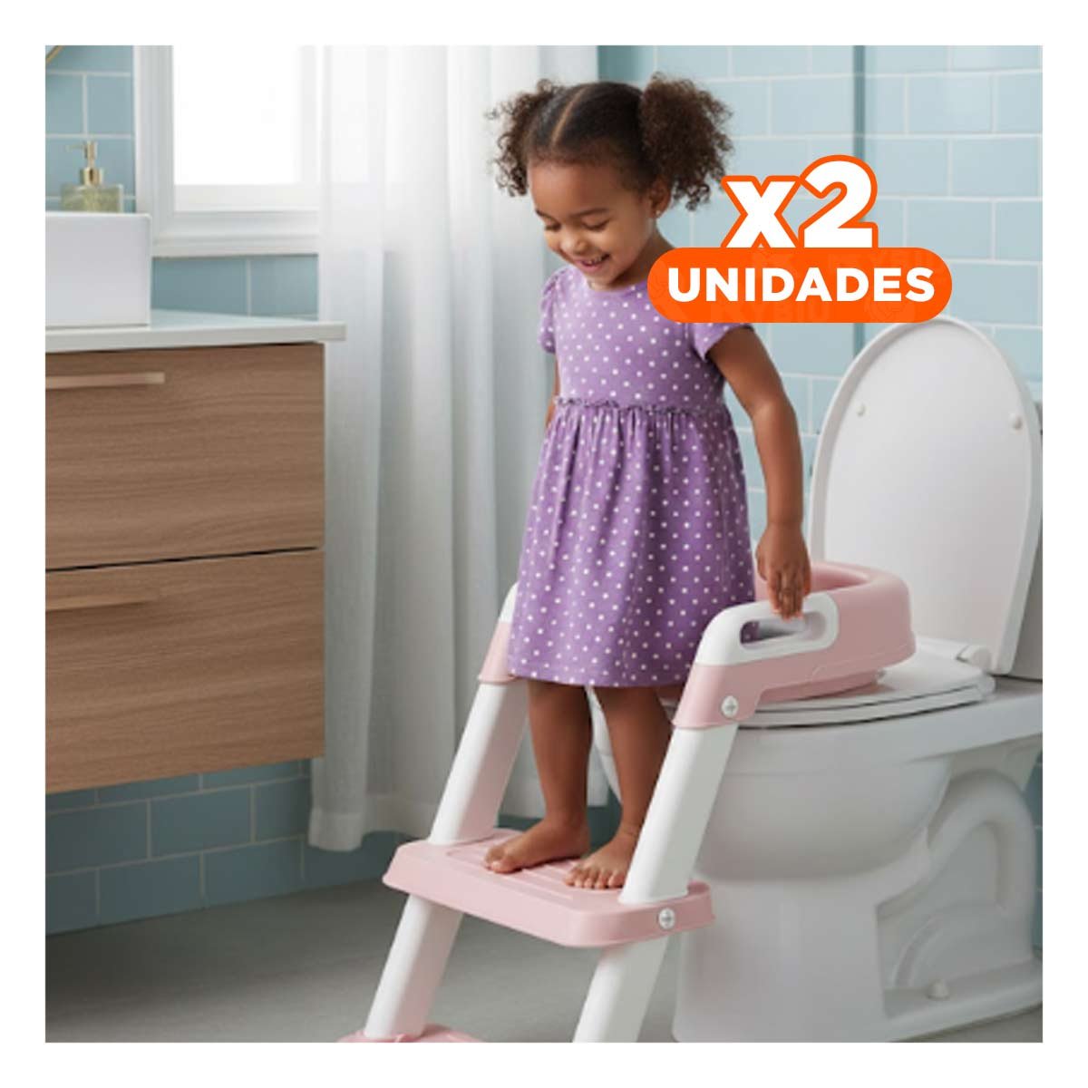 PACK2 SILLA INFANTIL DE INODORO CON ESCALERA ROSADO AJUSTABLE Y DURADERO Y+REGALO STICKER - 1