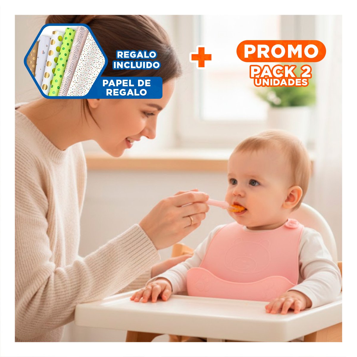 PACK2 DELANTAL CON CUCHARA DE SILICONA ROSADO OSITO SEGURO PARA BEBE Y+PAPEL REGALO - 1