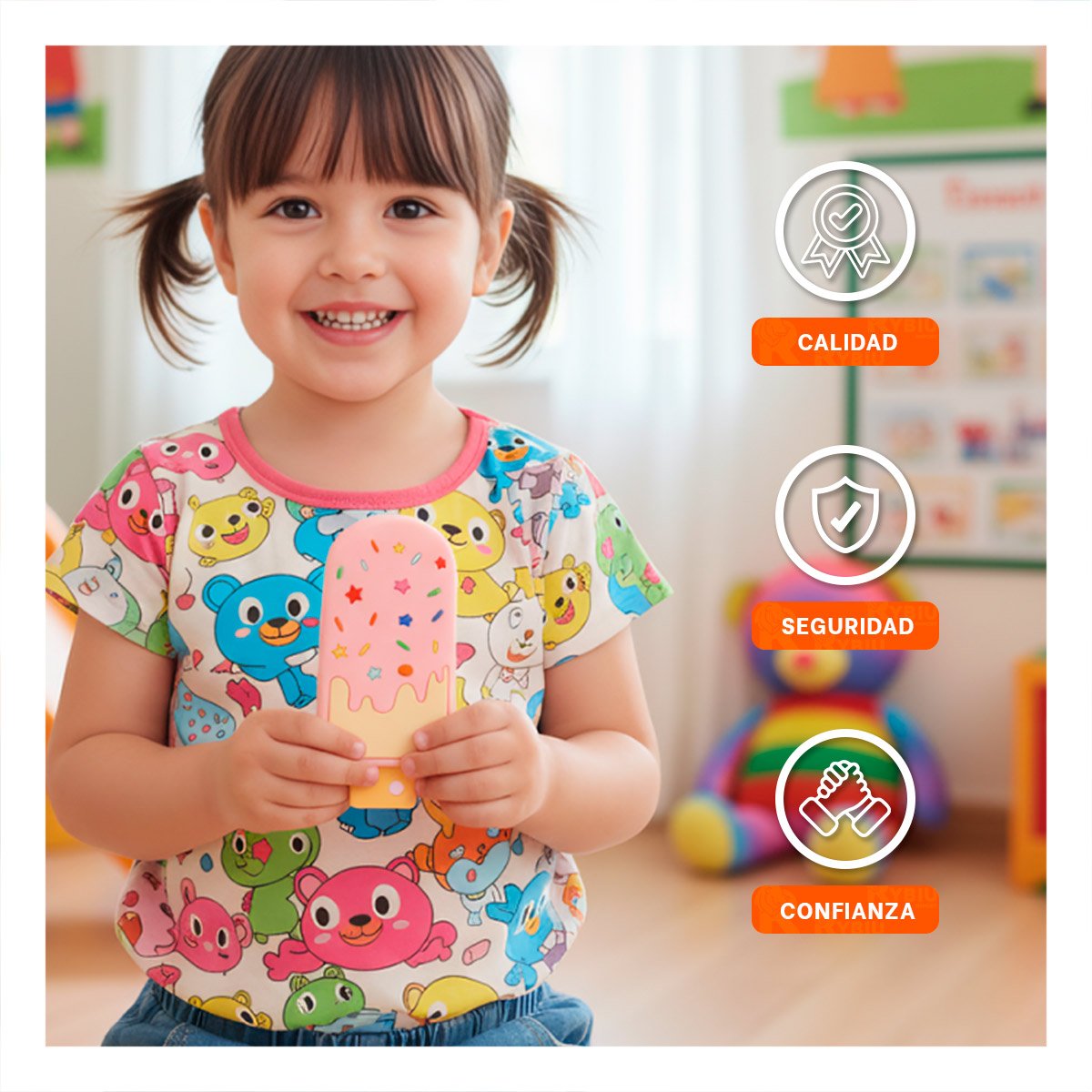 MORDEDOR DE SILICONA CON FORMA DE HELADO ROSADO CLARO SEGURO PARA BEBE Y+PAPEL REGALO - 5