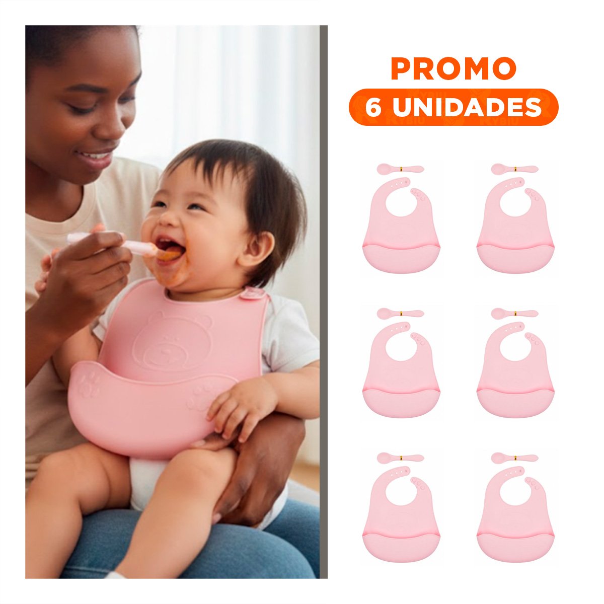 PACK6 DELANTAL CON CUCHARA DE SILICONA ROSADO OSITO DIVERTIDO Y PRACTICO - 1