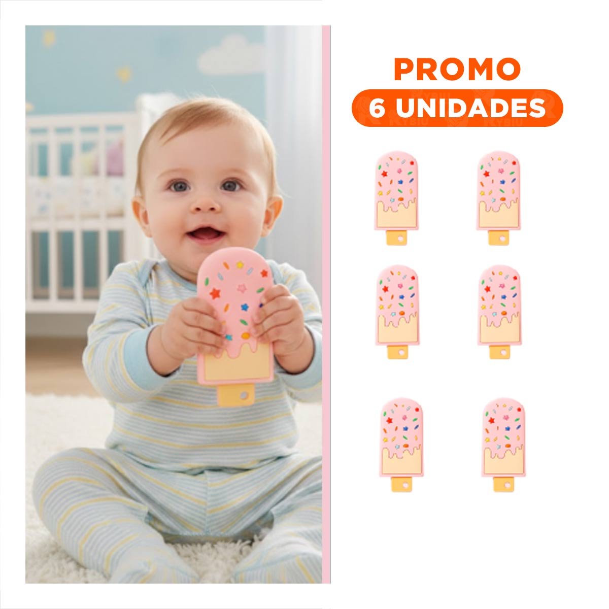 PACK6 CHUPETE DE SILICONA CON FORMA DE HELADO ROSADO CLARO PORTATIL - 1