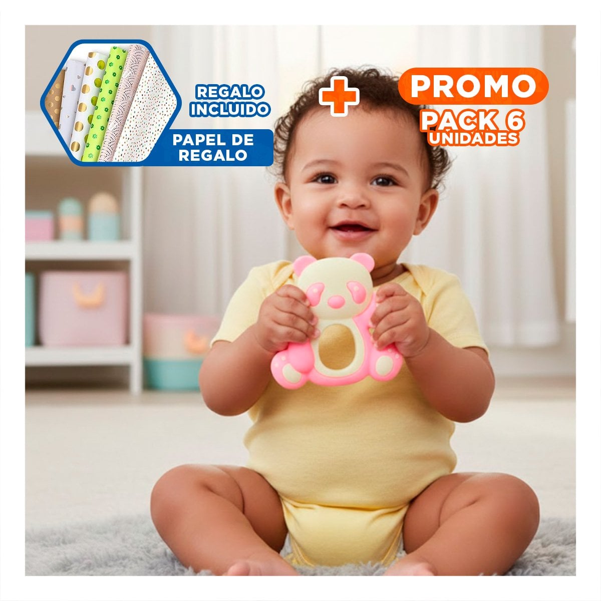 PACK6 AGARRE DE SILICONA OSO ROSADO CLARO HIGIENICO Y LIGERO PARA MAMA Y+PAPEL REGALO - 1