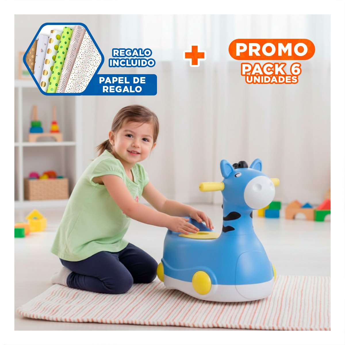 PACK6 RECIPIENTE MOVIL JIRAFA CON RUEDAS AZUL FACIL Y RESISTENTE PARA HOGAR Y+PAPEL REGALO - 1