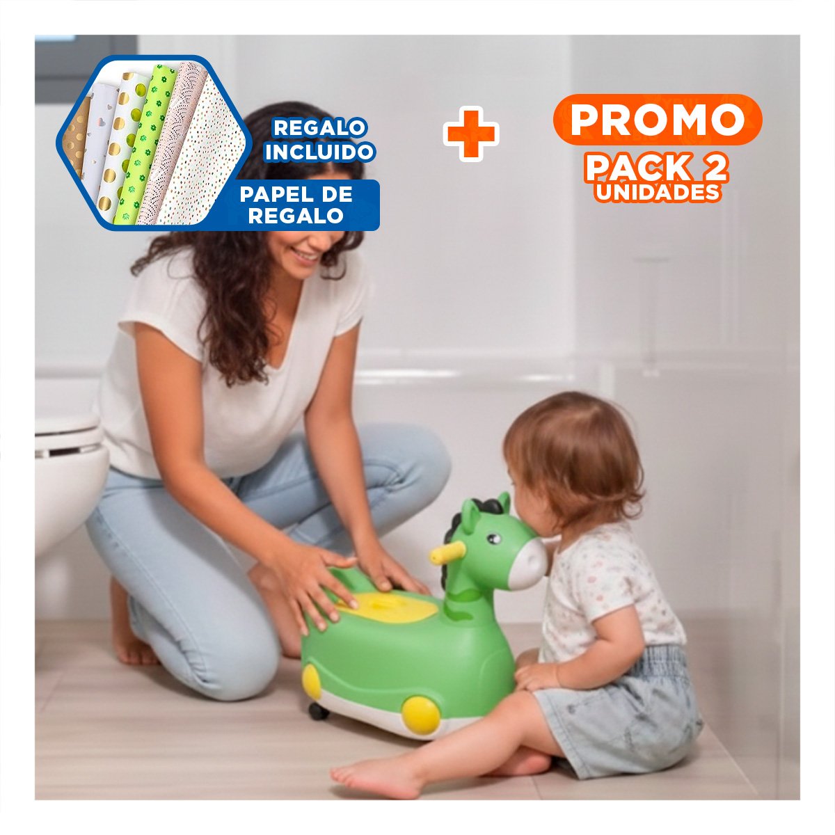 PACK2 CUBETA COMODA JIRAFA CON RUEDAS VERDE MOVIL Y FACIL DE USAR Y+PAPEL REGALO - 1